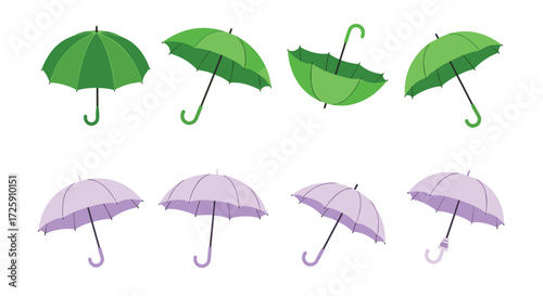 A collection of green and purple umbrellas displayed in two rows.