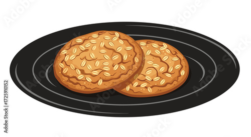 Two golden brown sesame seed cookies on a black plate.