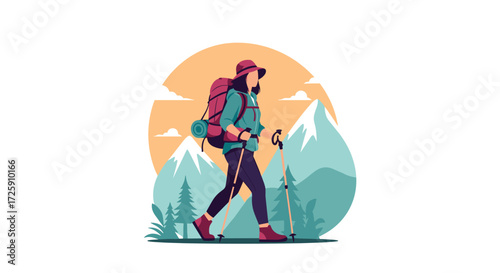 A person with a large backpack and hiking poles walking through a mountainous landscape.