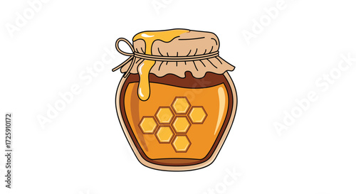 A jar filled with golden honey with honeycomb patterns inside.