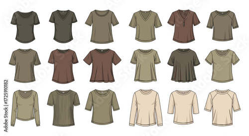 A comprehensive collection of versatile earth-toned short and long-sleeved t-shirts for casual wear.