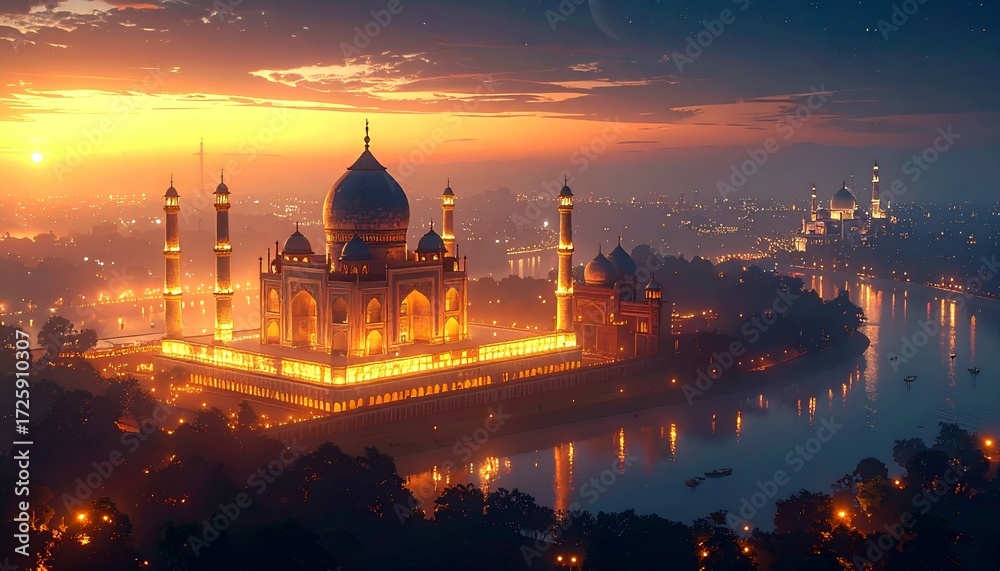 Fototapeta premium Illuminated architectural marvel at sunset over tranquil river landscape