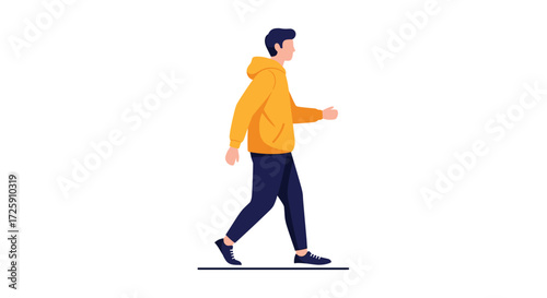 A young man in a yellow hoodie walks gracefully on a white background.