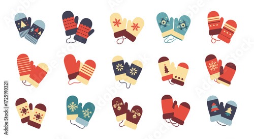 A colorful collection of knitted winter mittens featuring festive patterns and designs for all ages.