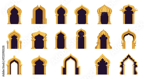 Collection of decorative islamic arch doorways with gold accents.