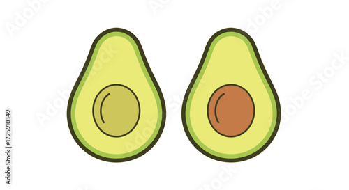 Two halves of a ripe avocado showing the seed and flesh.