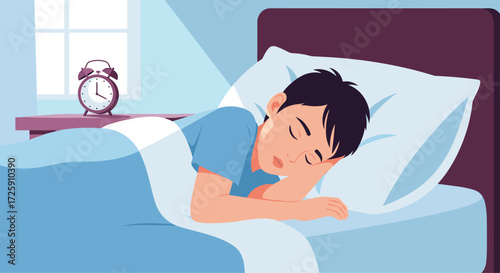 A young boy sleeping soundly in his bed as the morning sun shines through the window.