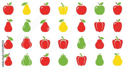 A grid of colorful pixelated fruits and vegetables including apples pears and peppers