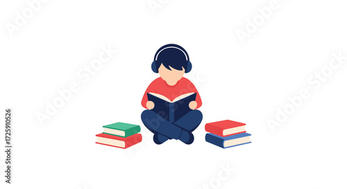 A young person wearing headphones sits cross-legged reading a book surrounded by stacks of books.