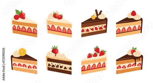 Delicious slices of layered cake with fresh fruit and cream toppings .