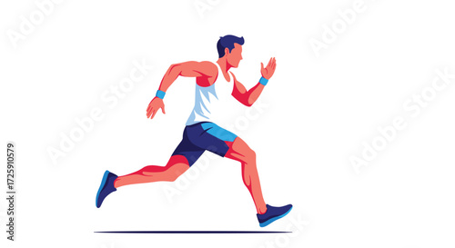 Fit athletic man in sportswear running fast on white background outdoors.