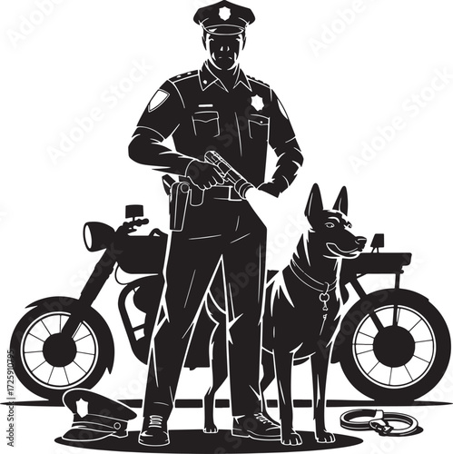 Police Officer Standing With Dog Near Motorcycle Vector Illustration