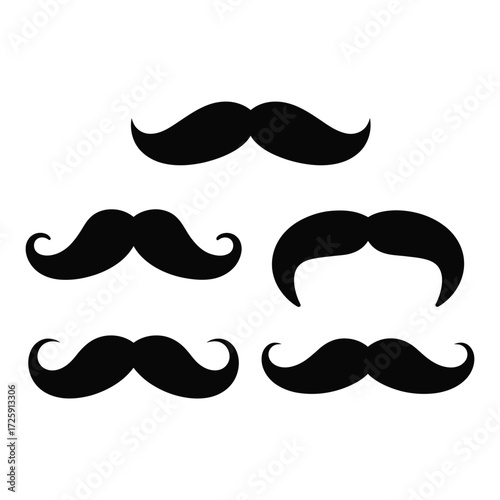 Collection of five black mustache silhouettes on white background