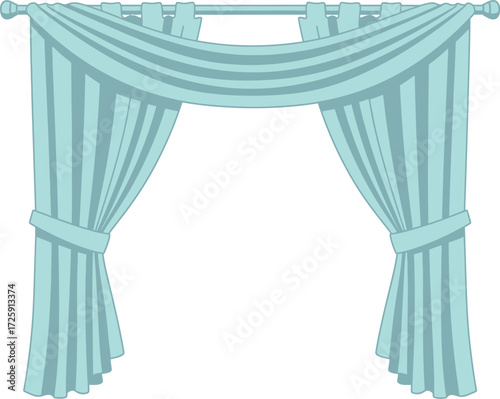 Elegant draped teal curtains with tiebacks, creating a soft, decorative window treatment.