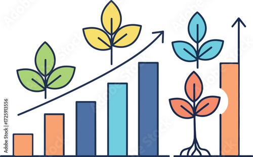 Visualizing growth and progress with plants on a rising bar chart, symbolizing successful development and positive trends.