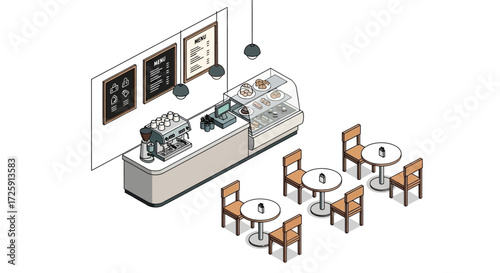 Isometric Coffee Shop Illustration Cozy Cafe Interior with Tables and Espresso Machine
