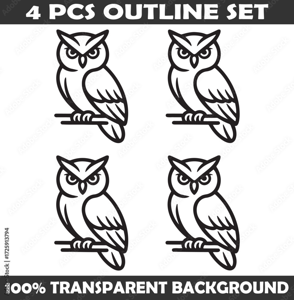 Fototapeta premium Set of Owl Outline vector illustration isolated On Transparent Background