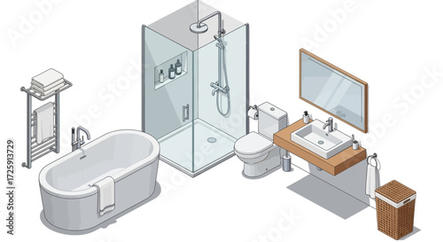 Isometric Bathroom Interior Design Illustration Modern Fixtures and Minimalist Style