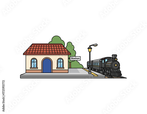Illustration of a train station with a vintage train and the word station, designed for educational purposes and transportation-related designs