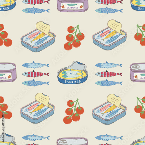 Mediterranean hand-drawn seamless pattern with sardines,tomatoes. Vector illustration