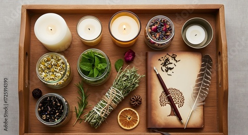 Natural wellness setup with aromatic candles, dried herbs, fresh botanicals, and a journal on a rustic wooden tray.