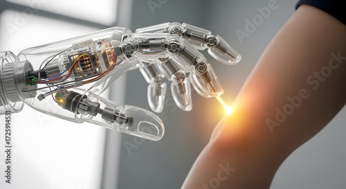 Transparent robotic arm interacting with a human arm, showcasing digital technology and connection.