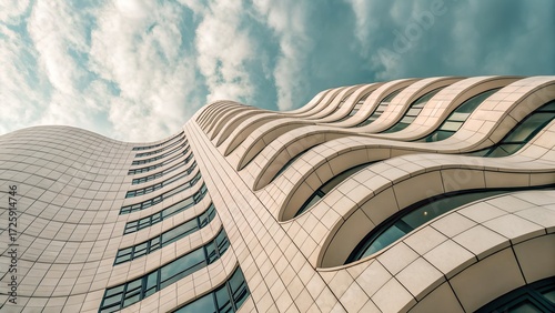 Building facade made of curved ceramic panels, repeating organic rhythm, surreal perspective wallpaper