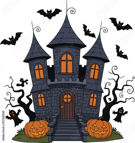 Spooky Halloween Haunted Castle Illustration with Ghosts, Bats, and Pumpkins and full moon with ghost,horror night background.Vector illustration, 