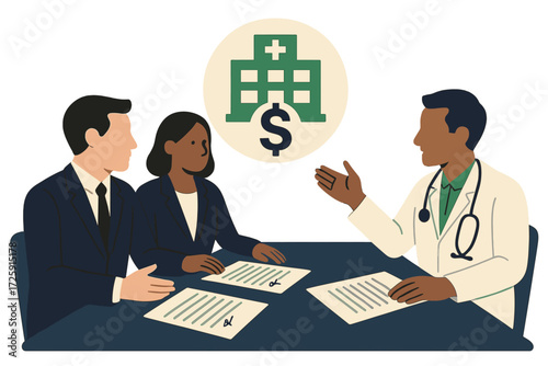 Healthcare financial discussion with professionals and doctor in a meeting setting