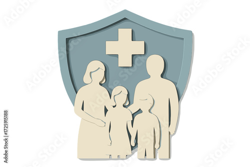 Family healthcare protection: 3d paper art of family with medical shield