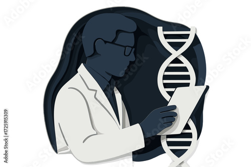 Scientist analyzing dna strand in layered cutout style
