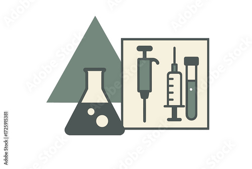 Science lab tools collection: beaker, syringe, and test tube icons in flat design