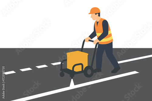 Road worker applying fresh lane markings at night with safety gear and equipment