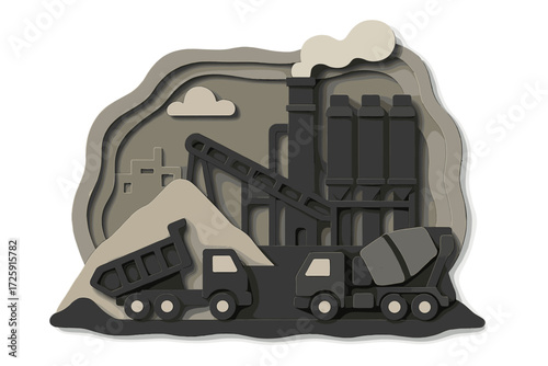Paper art depicting industrial factory scene with trucks and smokestacks
