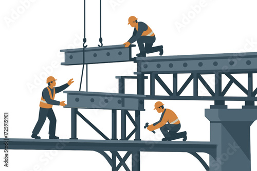 Construction workers building steel structure at night in flat design