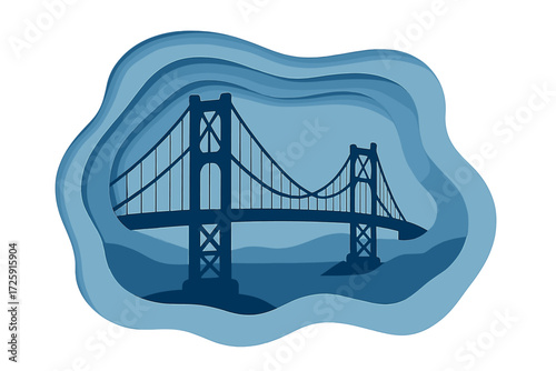 Abstract blue paper cut bridge design in layered silhouette style