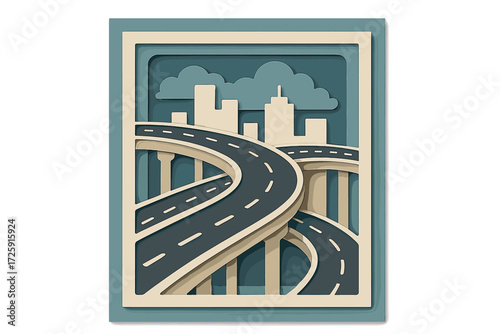 Abstract urban cityscape with layered roads and skyscrapers in paper art style