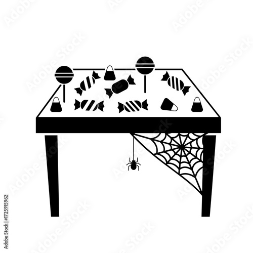 A festive table for sweets with a spider web, various treats, and creepy decor on a transparent background