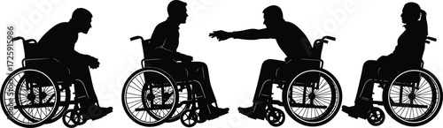 People in wheelchair silhouette vector illustration set, diverse poses, disability and accessibility concept, medical and social issues