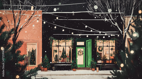 Winter scene of a shop decorated for Christmas. A charming illustration depicts a shopfront adorned with festive decorations during a snowy winter evening, creating a warm and inviting cozy atmosphere