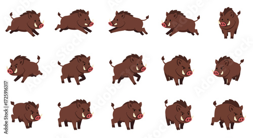 Collection of cartoon wild boar running and walking animations, ideal for games and educational content
