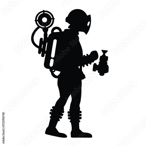 Silhouette depicts explorer with a strange backpack holding a small raygun in a black tone