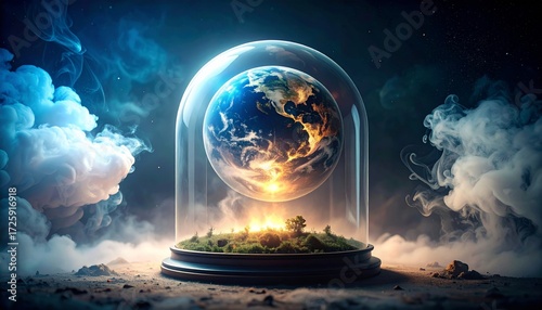 Spectacular planet encased within a glass dome amidst ethereal smoke clouds