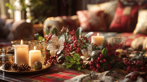 christmas holiday table decoration with flowers candles and festive living room decor