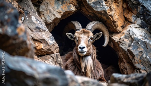 Majestic Himalayan goral gazes from its rocky shelter, a symbol of wilderness