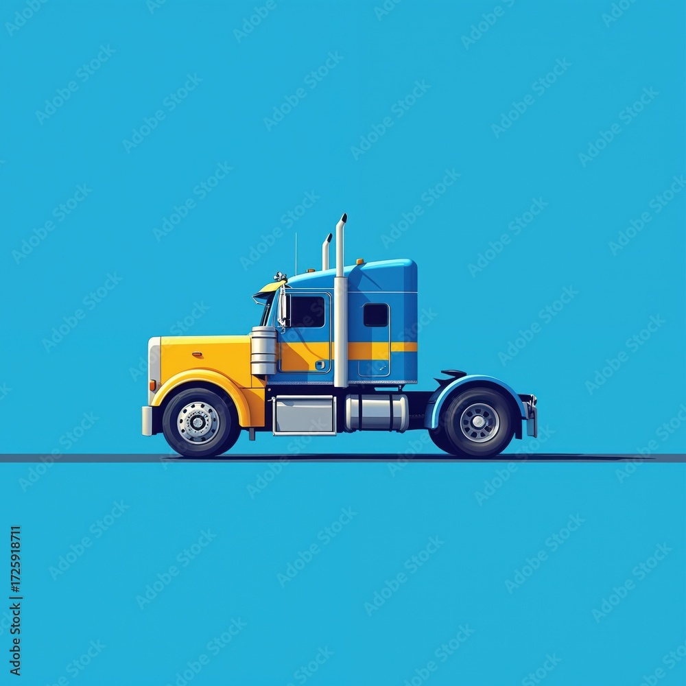 Naklejka premium Minimalist illustration of blue, yellow semi-truck. Commercial vehicle features clean, modern design with bold lines, simple shapes. Truck shown in profile view against solid blue background, perfect