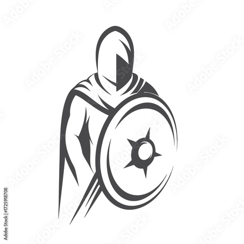 Silhouette of a cloaked figure holding a round shield, showing strength and authority