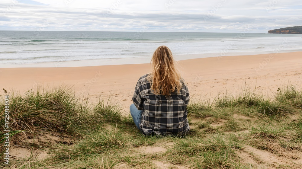 Fototapeta premium Woman Contemplating Ocean View Beach Scenery