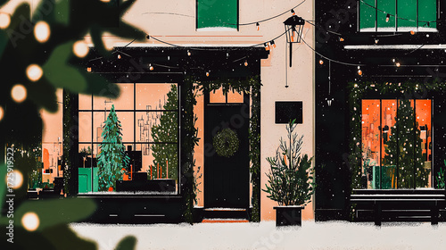 Festive Winter Scene of a Cozy Shopfront. A charming illustration depicts a shopfront decorated for the holidays, with snow falling gently and warm lights glowing. Wintertime city cozy scene.
