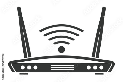 Silhouette of a router displaying wireless signal and indicator lights over the white background